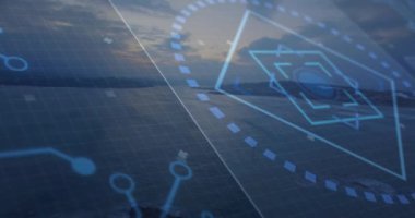 Geometrik şekiller ve veri işleme animasyonları hava manzarası üzerinde. Teknoloji, analitik, dijital, fütürist