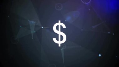 Ağ bağlantıları ve hareket halindeki veri işlemleriyle dolar işareti canlandırılıyor. Finans, teknoloji, animasyon, para birimi, dijital konsept