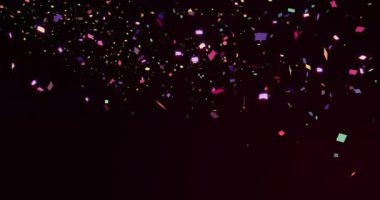 Animasyon kutlama sahnesinde koyu arka planda renkli konfeti düşüşü. Festival, neşe, parti, heyecan, animasyon konsepti