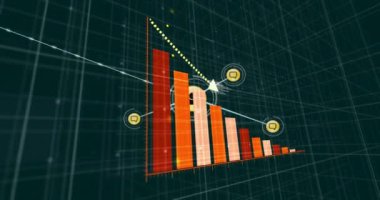 İstatistiklerin animasyonu ve ikonlarla bağlantı ağı üzerinden dijital veri işleme. Küresel bağlantılar, hesaplama ve veri işleme kavramı, dijital olarak oluşturulmuş video.