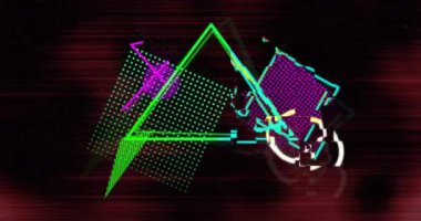 Kırmızı arkaplanda renkli geometrik şekiller üzerine ani satış metni animasyonu. Promosyon, indirim, pazarlama, canlı, dinamik, reklam kavramı