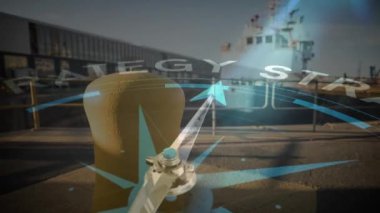 Tersane üzerinde pusula döndürme ve strateji metni animasyonu. Küresel sevkiyat, finans, iş, bağlantılar, bilgisayar ve veri işleme kavramı, dijital olarak oluşturulmuş video.