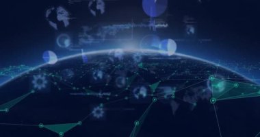 Dünya üzerinde uzaydan küresel ağ bağlantıları ve veri işleme animasyonu. Teknoloji, bağlantı, siber alan, iletişim, dijital