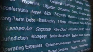 Çeşitli anahtar kelimelerle mavi arkaplan üzerinde hukuki ve finansal terimler animasyon. Finans, teknoloji, iş dünyası, ekonomi, dijital, yatırım kavramı