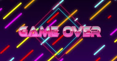 Game Over metin animasyonu ve koyu arkaplanda neon çizgileri. dijital, retro, futuristik, canlı, tipografi konsepti