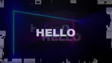 Merhaba mesajı ve siyah arkaplanda neon şekiller üzerindeki parazit. Küresel teknoloji, bilgisayar ve dijital arayüz kavramı, dijital olarak oluşturulmuş video.