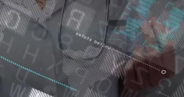 Steteskoplu sağlık uzmanı üzerinde tıbbi veriler ve istatistik animasyonu. analiz, teknoloji, araştırma kavramı