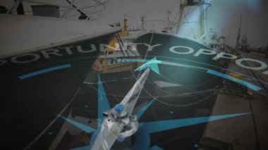 Tersanede pusula çevirme ve fırsat metni animasyonu. Küresel sevkiyat, finans, iş, bağlantılar, bilgisayar ve veri işleme kavramı, dijital olarak oluşturulmuş video.