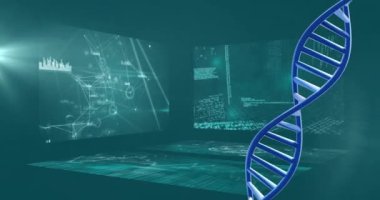 Mavi arka plandaki veri işleme üzerinde DNA iplikçiklerinin canlandırılması. Küresel bilim, teknoloji, bilgisayar ve dijital arayüz kavramı, dijital olarak oluşturulmuş video.