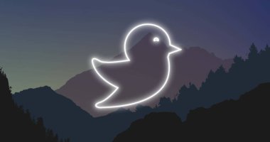 Dağlarla çevrili bir kuşun titreşen neon çizgisi. Dijital olarak oluşturulmuş küresel çevrimiçi sosyal ağ konsepti.
