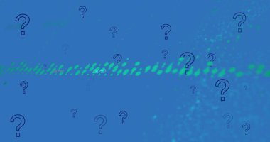 Soru işaretlerinin üzerindeki finansal veri işleme resmi. Küresel finans, iş, bağlantılar, hesaplama ve veri işleme kavramı dijital olarak oluşturuldu.