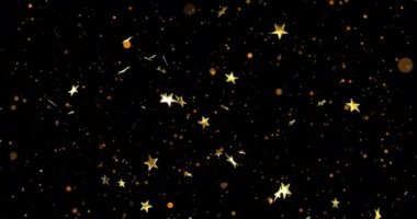 Siyah arka planda parıldayan altın yıldızlar ve parıltılar. Parıltı, sihir, şenlik, kutlama, yıldızlı, aydınlık