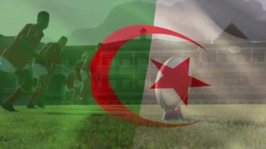 Çeşitli ragbi oyuncuları üzerinde Cezayir bayrağının animasyonu. Küresel spor, rekabet, bağlantılar, hesaplama ve veri işleme kavramı, dijital olarak oluşturulmuş video.