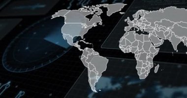 Ülke sınırları olan dünya haritası, şebeke arka planında veri işleme animasyonu. Küresel, coğrafya, analiz, dijital, görselleştirme