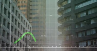 Modern şehir binaları üzerinde yeşil finansal grafikler canlandırılıyor. Maliye, borsa, yatırım, büyüme, analiz, şehir manzarası