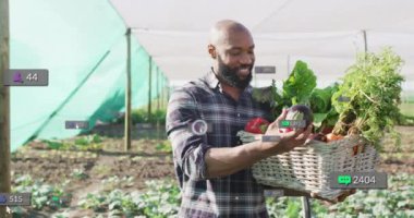 Bir sepet taze sebze taşıyan çiftçi için sosyal medya nişan animasyonu. Tarım, tarım, organik üretim