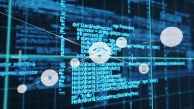 Mavi ızgara arkaplan üzerinde bağlantılar ve veri işleme animasyonu ağı. Ağ, teknoloji, dijital, siber alan