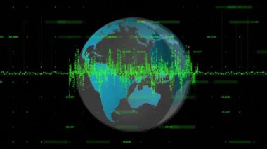Veri işleme üzerinde dünyanın animasyonu. Bilim, teknoloji ve dijital arayüz kavramı, dijital olarak üretilen video.