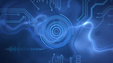 Dijital devre kartı ve mavi arkaplan üzerinde geleceksel arayüz animasyonu. Teknoloji, yenilik, elektronik, devre, veri