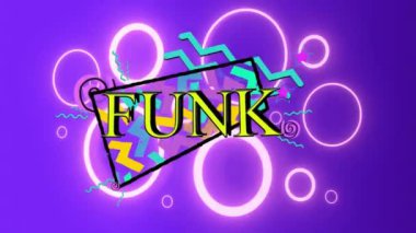 Neon desenli arkaplan üzerinde funk metin animasyonu. Küresel sosyal medya, dijital arayüz, iletişim, hesaplama ve veri işleme kavramı, dijital olarak oluşturulmuş video.