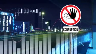 Uyarı işareti ve yolsuzluk metniyle ilgili şema ve şehir animasyonları. İş, teknoloji ve dijital arayüz kavramı, dijital olarak oluşturulmuş video.