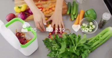 Mutfağa sebze kabukları atmak, sosyal medya sevmek ve takipçi animasyonu. Geri dönüşüm, atık yönetimi, sürdürülebilirlik, çevre dostu, çevre, dijital animasyon