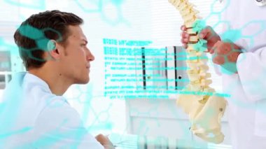 Omurga modelini hastaya açıklayan bir doktor. Muayeneden sonra tıbbi veri animasyonu. Sağlık, anatomi, teşhis, eğitim, teknoloji