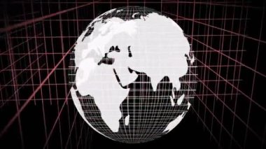 Kırmızı ve siyah geometrik arkaplan üzerinde ızgara çizgileri olan dönen bir dünya. teknoloji, fütüristik, dijital, soyut, hareket