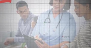 Hasta kayıtlarını, stok çizelgesi animasyonunda gerileme olan sağlık uzmanlarını tartışıyorlar. tartışma, borsa, düşüş, veri, analiz