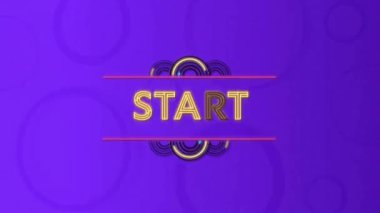 Mor zemin üzerinde parlayan daireler ve gökkuşağı şekilleri üzerinde Başlat metni animasyonu. Soyut, fütüristik, renkli, canlı, dijital, neon