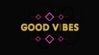 Neon desenli arka planda iyi titreşimlerin animasyonu. Küresel sosyal medya, dijital arayüz, iletişim, hesaplama ve veri işleme kavramı, dijital olarak oluşturulmuş video.
