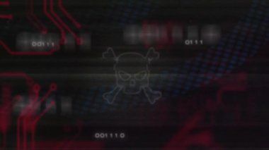 İkili kodlu kafatası ve çapraz kemikler ve devre kartı animasyonu. Siber güvenlik, hackleme, dijital, teknoloji, kötü amaçlı yazılım, veri koruması