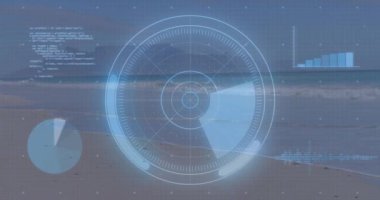 Radar, plaj sahnesinde bar ve turta grafikleriyle animasyon taraması yapıyor. Teknoloji, izleme, dijital, veri, analitik, görselleştirme kavramı