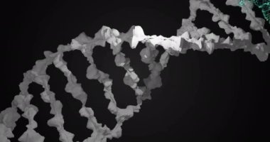 Yeşil noktaların üzerindeki DNA ipliklerinin animasyonu. Bilim, teknoloji ve dijital arayüz kavramı, dijital olarak üretilen video.