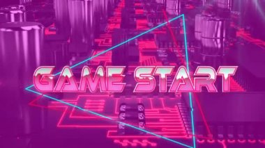 Futuristik neon devre arkaplanı üzerinde Oyun Başlatma metin animasyonu. Teknoloji, oyun, dijital, arayüz, elektronik