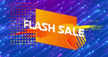 Neon desenli arka planda flash satış metninin animasyonu. Küresel siber alışveriş, dijital arayüz, iletişim, bilgisayar ve veri işleme kavramı, dijital olarak oluşturulmuş video.