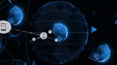Simgelerle bağlantı ağı üzerinden dünyanın animasyonu. İş, teknoloji ve dijital arayüz kavramı, dijital olarak oluşturulmuş video.