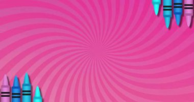 Pembe spiral arka planda dönen renkli boya kalemleri. Sanat, yaratıcılık, soyut, enerjik, kırtasiye, okul malzemeleri