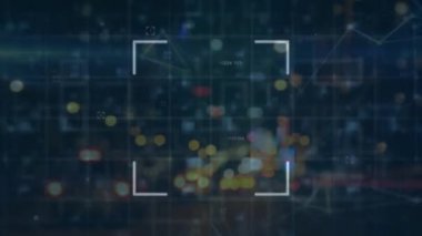 Veri göstergeleri ve koordinatlar Bokeh ışıklarıyla şehir manzarası üzerinde. Teknoloji, yenilik, fütüristik, siber, ağ, kentsel