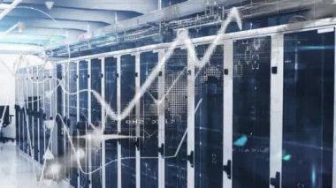 Veri analizi ve grafik animasyonu veri merkezindeki sunucular üzerinde. Teknoloji, dijital, ağ, bilgi, işlem, görselleştirme