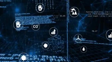 Siyah arkaplan üzerinde ekolojik simgelerin ve dijital veri işlemlerinin animasyonu. Küresel bağlantılar, hesaplama ve veri işleme kavramı, dijital olarak oluşturulmuş video.