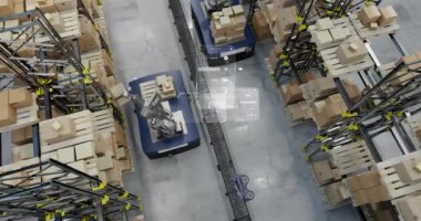 Depoda çalışan makinelerin üzerinde şema ve veri işleme animasyonları. Teknoloji, dağıtım ve dijital arayüz kavramı, dijital olarak oluşturulmuş video.