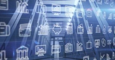 Bilgisayar sunucuları üzerinde dijital simgelerin ve veri işlemlerinin animasyonu. Küresel bağlantılar, hesaplama ve veri işleme kavramı, dijital olarak oluşturulmuş video.