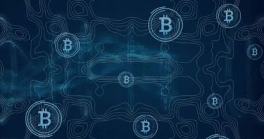 Soyut mavi dijital arkaplan üzerinde Bitcoin sembolleri ve ağ bağlantıları canlandırılıyor. Kripto para birimi, finans, engelleme zinciri, teknoloji, fütürist konsept