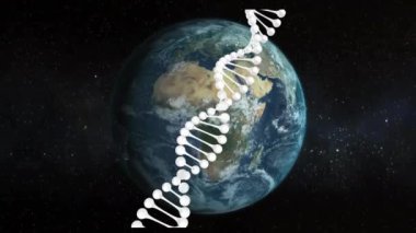 DNA ipliği uzayda Dünya 'nın etrafında dönüyor. Genetik, animasyon, biyoteknoloji, bilim, astronomi.
