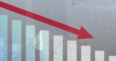 Kırmızı aşağı doğru ok ve çubuk grafiği soyut arkaplan üzerinde finansal gerilemeyi gösteriyor. Maliye, durgunluk, analiz, istatistik, iş dünyası, ekonomi