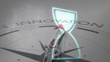 Kum saati ve veri işleme ile pusula döndürme ve yenilik metninin animasyonu. Küresel finans, işletme, bağlantılar, hesaplama ve veri işleme kavramı, dijital olarak oluşturulmuş video.