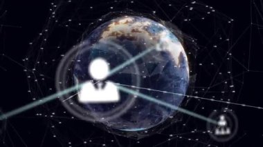 Dünya üzerinde küresel ağ bağlantıları ve sosyal medya ikonları animasyonu. Ağ, dijital bağlantılar, teknoloji, internet, iletişim, siber uzay
