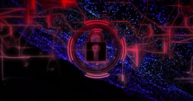 Mavi noktaların üzerindeki asma kilit bağlantılarının animasyonu. Güvenlik ve dijital arayüz kavramı, dijital olarak oluşturulmuş video.