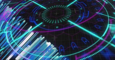 Işıkların ve renkli dairesel tarayıcının görüntüsü siyah arkaplanda işleniyor. Ağ, veri, bağlantı, dijital arayüz ve iletişim, dijital olarak oluşturulmuş resim.